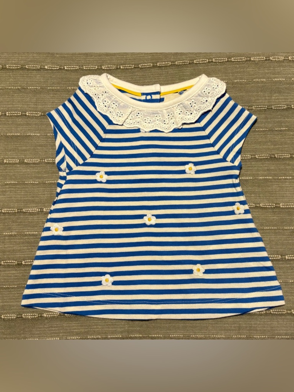 NWOT Boden Baby Blue & White Striped Tee with Eyelet Collar Sized 9-12 months.